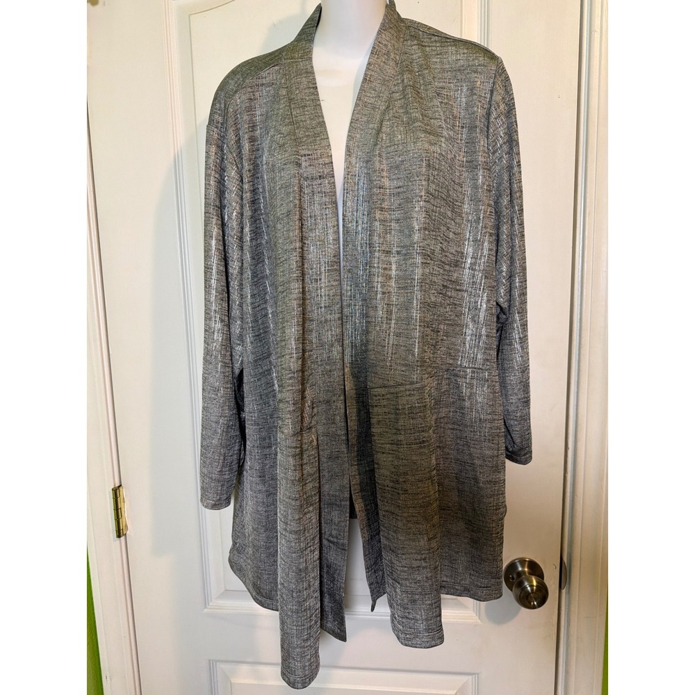 Susan Graver Metallic Silver Space Dye Open Front Cardigan Pockets 3X